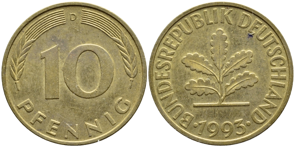 ФРГ 10 ПФЕННИГОВ 1993 D KM 108, J.383 сталь плакированная латунью 4391-337