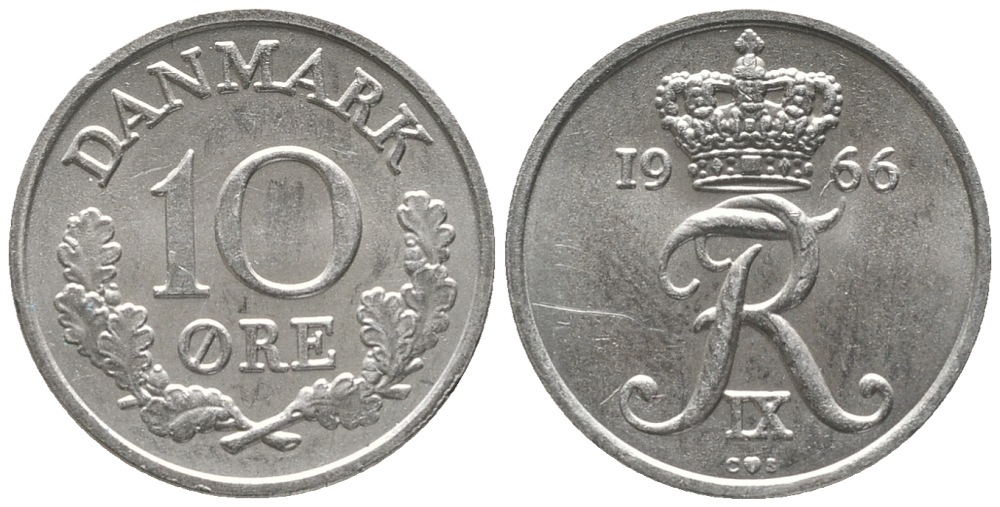 Дания 10 эре 1966 С; S, Фредерик IX (1947-1972) KM 849.1 медно-никель аUNC 100-1145