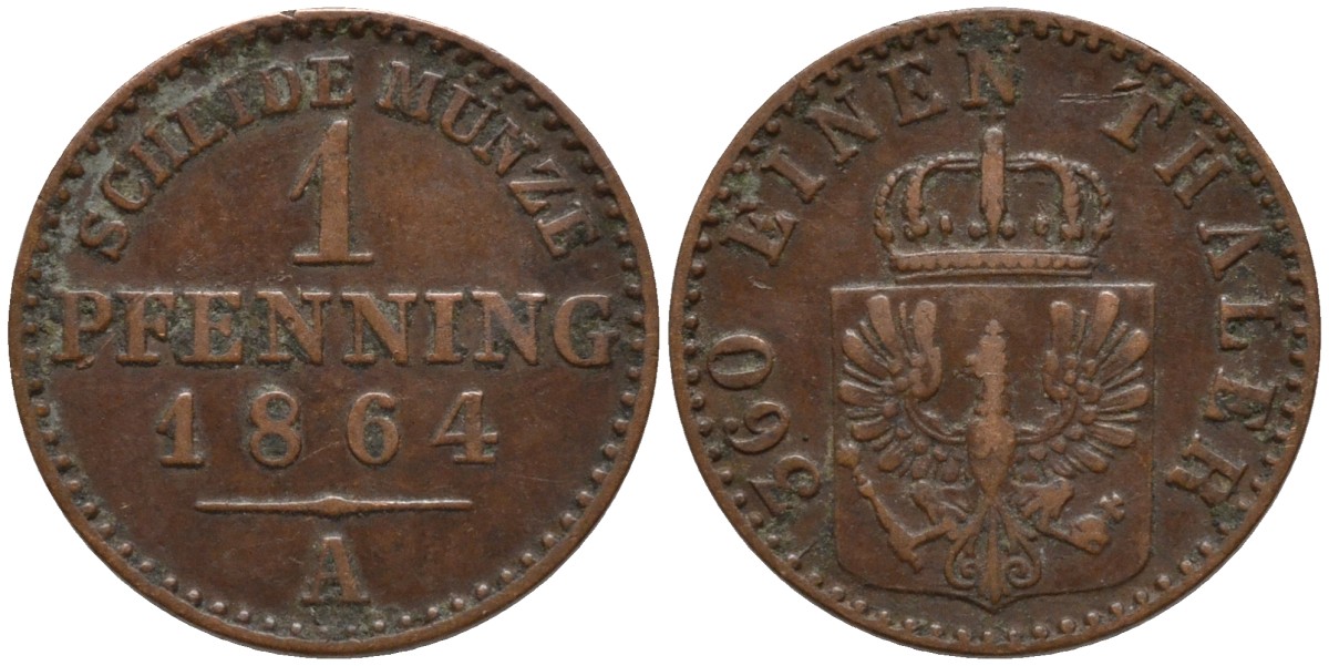 Пруссия 1 пфенниг 1864 А, Вильгельм I (1861-1888) KM 480 медь 4532-439