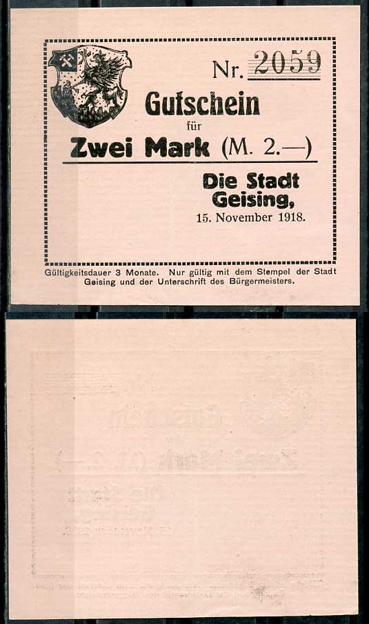 Германия, Гайзинг 2 марки 1918 нотгельд, 15.11.1918 Geiger 169.02.b бумага UNC (пресс) 444-63-3-1