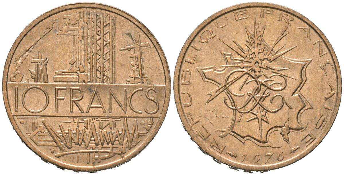Франция 10 франков 1976 тип Матье KM 940, Le Franc 365.7-8 медь алюминий никель UNC 4619-724