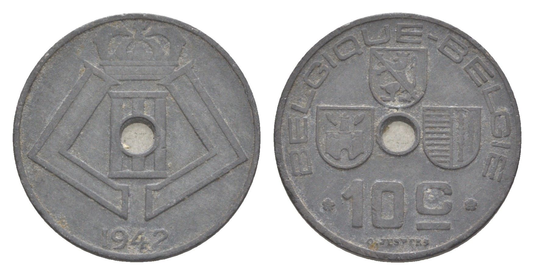 Бельгия 10 сантимов 1942 Belgique - Belgie, Леопольд III (1934-1947), германская оккупация, Вторая мировая война KM 125 цинк 4639-221