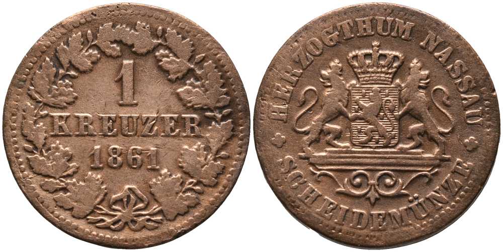 Нассау 1 крейцер 1861 Герцог Адольф (1839-1866) KM 54 медь 117-511