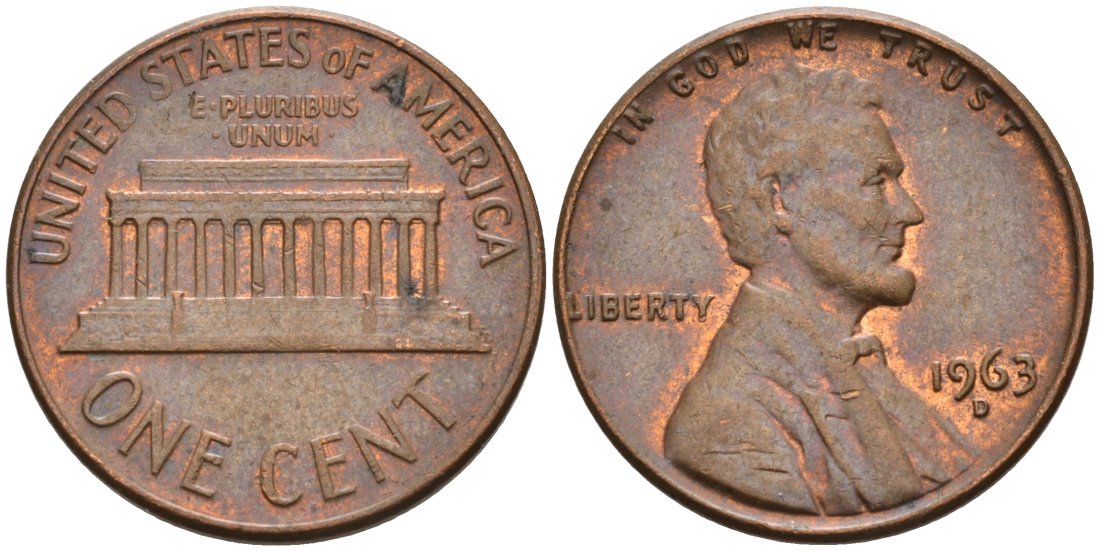 США 1 цент 1963 D, Линкольн KM 201 медь цинк 4564-422