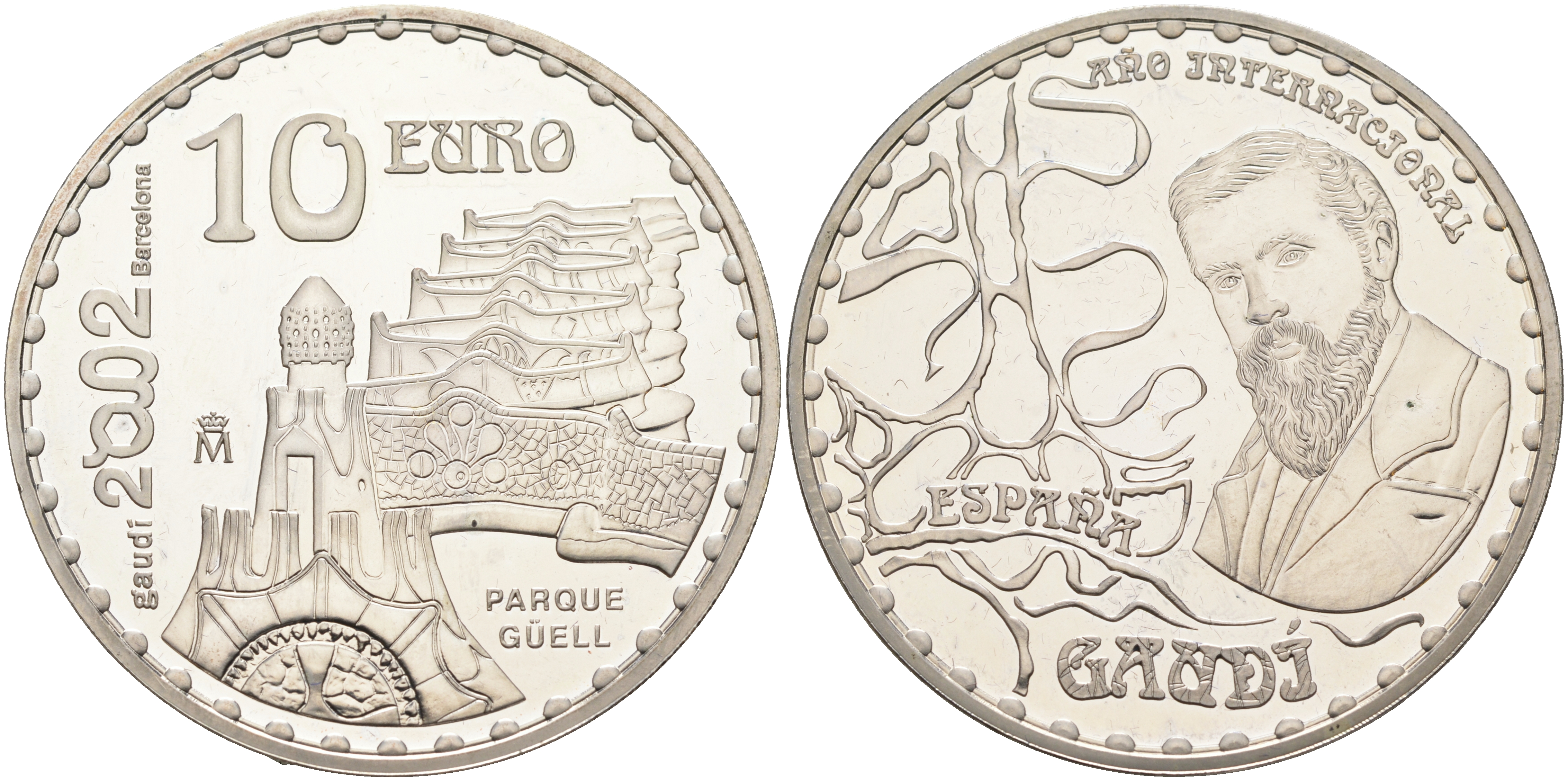 Испания 10 евро 2002 150 лет со дня рождения Антонио Гауди, Парк Гуэль KM 1084 серебро PROOF 11-078-11