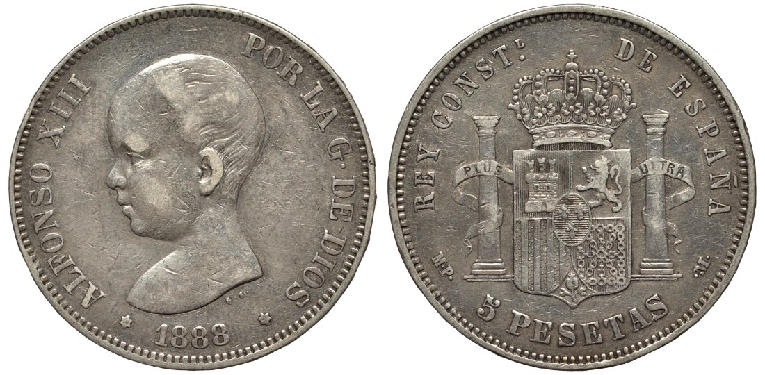 Испания 5 песет 1888 MP-M, Альфонсо XIII (1886-1931) KM 689 серебро 00-1067-4-52