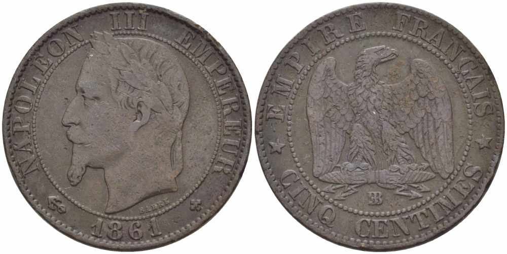 ФРАНЦИЯ 5 САНТИМОВ 1861 BB, НАПОЛЕОН III (1852-1870) KM 797.2, LE FRANC 117.3 бронза 108-512