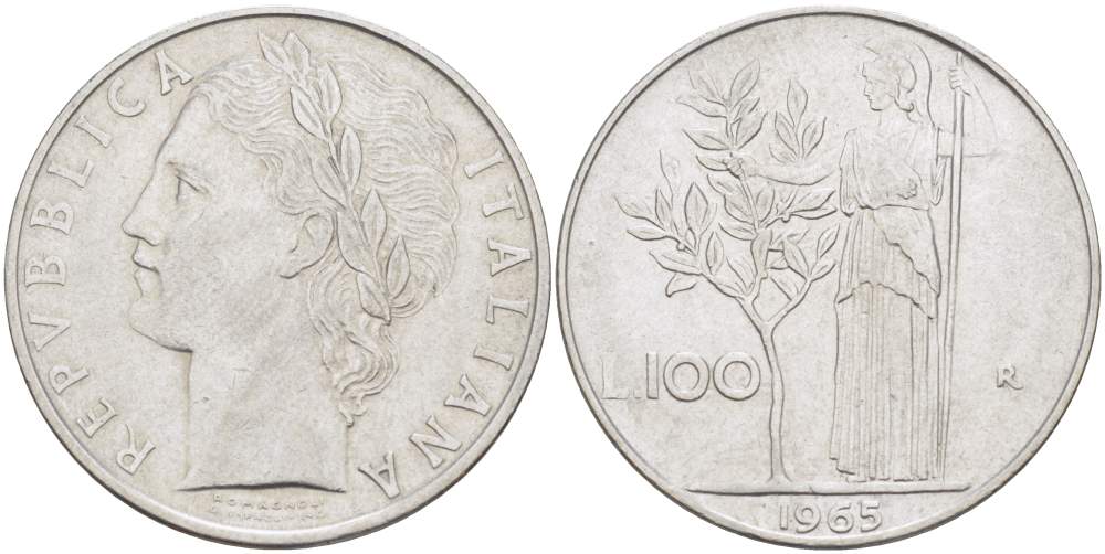 ИТАЛИЯ 100 ЛИР 1965 R, АФИНА, ДИАМЕТР 28 ММ. KM 96.1 нержавеющая сталь 4521-925