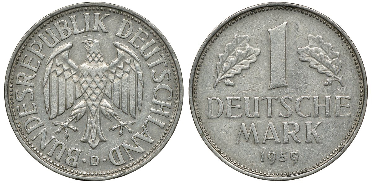 ФРГ 1 МАРКА 1959 D J 385, KM 110 медно-никель 72-652