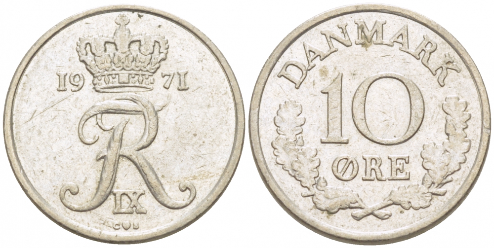 ДАНИЯ 10 ЭРЕ 1971 C; S, ФРЕДЕРИК IX (1947-1972) KM 849.1 медно-никель 3309-157