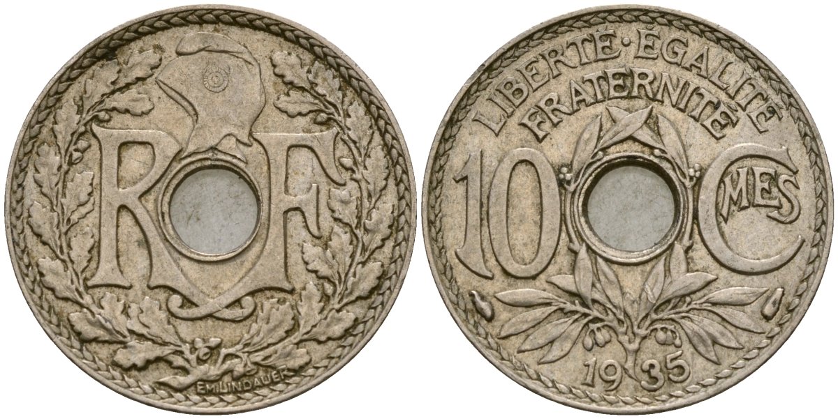 Франция 10 сантимов 1935 KM 866a медно-никель 51-2731