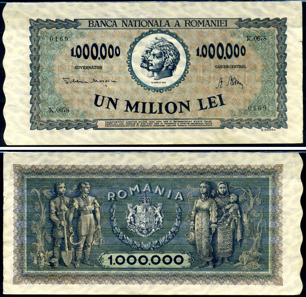 Румыния 1000000 леев 1947 Траян и Децебал, семья крестьян Pick 60 a бумага 8590-19-1-2