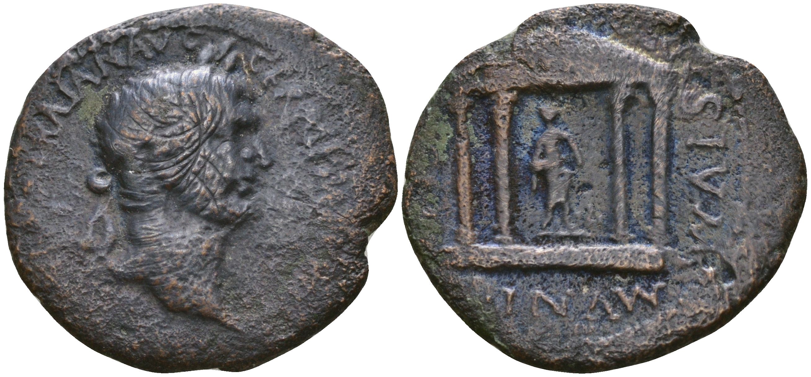Римская Империя, Провинция Македония, Стобы AE 98 Траян, IMP CAE NERVA TRAIAN AVG GERM P M TR P COS II, бюст императора \ MVNICIPI STOBENSIVM, храм Асклепия (Very rara) RPC III 600 бронза 1100-7-113