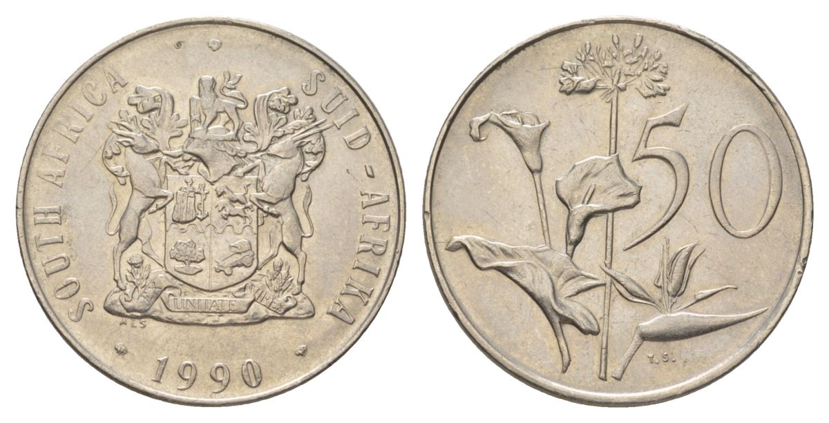 ЮАР 50 центов 1990 Зантедеския Эллиота (калла), герб KM 87 никель aUNC 4626-822