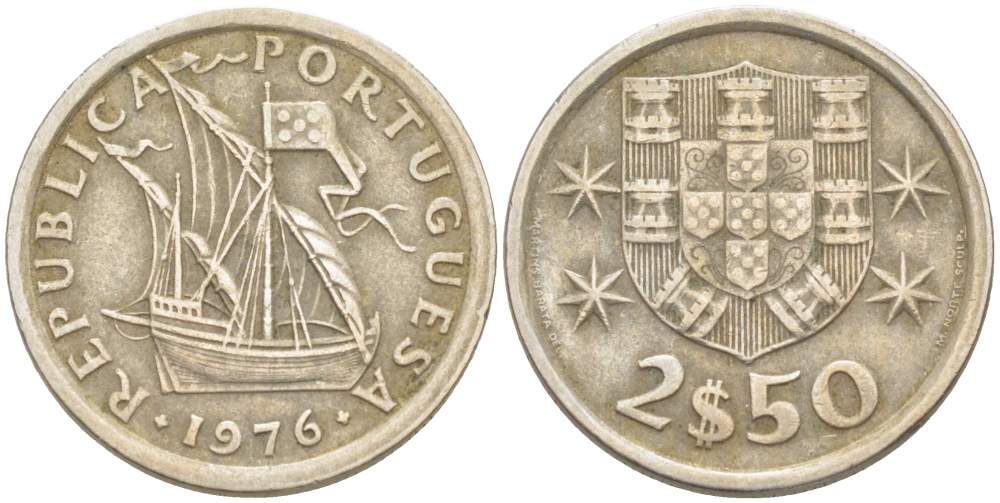 ПОРТУГАЛИЯ 2,5 ЭСКУДО 1976 ПАРУСНИК KM 590 медно-никель 4523-1055