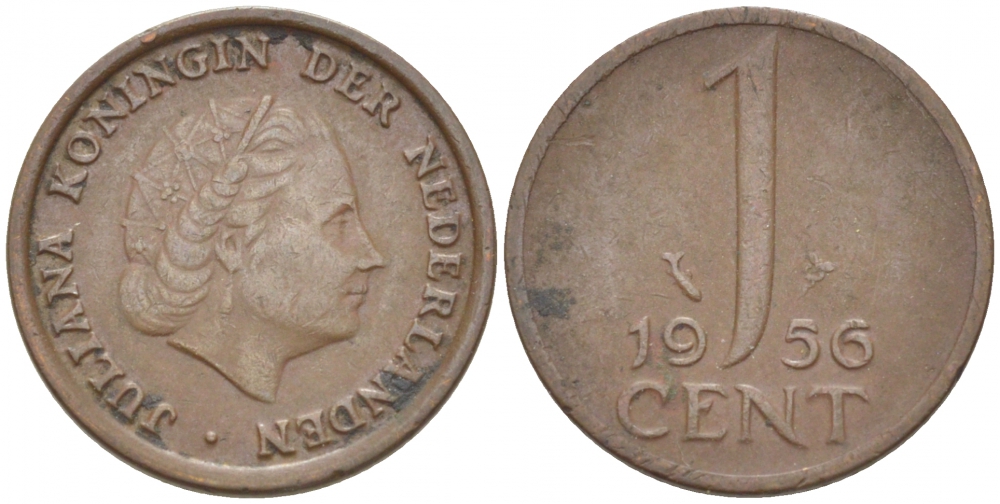 НИДЕРЛАНДЫ 1 ЦЕНТ 1956 ЮЛИАНА KM 180 бронза 3457-1165