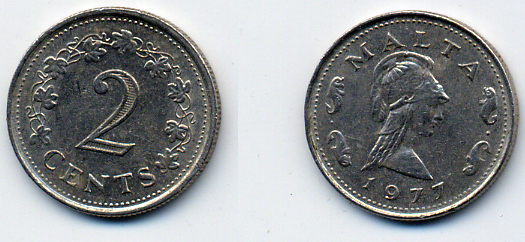 Мальта 2 цента 1977 Пентесилея, царица амазонок KM 9 медь цинк 57-426