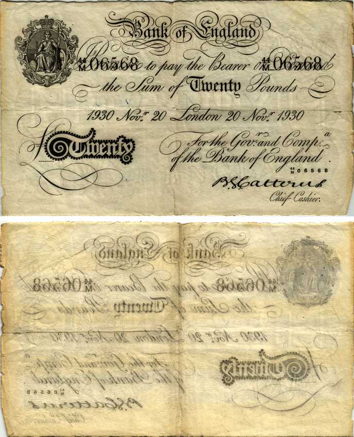 Англия 20 фунтов 1930 Лондон, 20 ноября, Операция "Бернхард", фальшивка в ущерб денежному обращению Pick 330 бумага 451-228-1