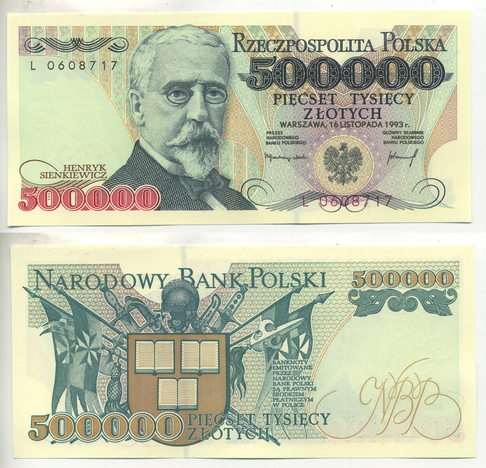 Польша 500000 злотых 1993 Сенкевич Pick 161 а бумага UNC (пресс) 000-00-00