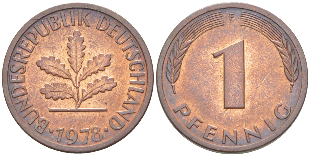 ФРГ 1 ПФЕННИГ 1978 F KM 105, J. 380 сталь плакированная медью 4181-628