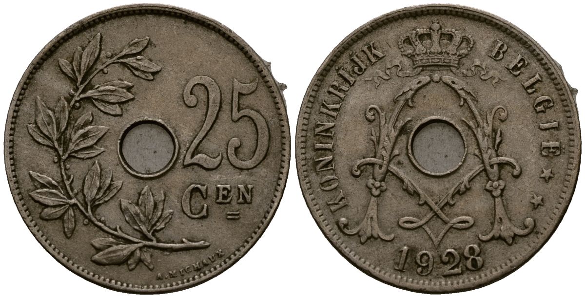 Бельгия 25 сантимов 1928 Belgie KM 69 медно-никель 4131-833