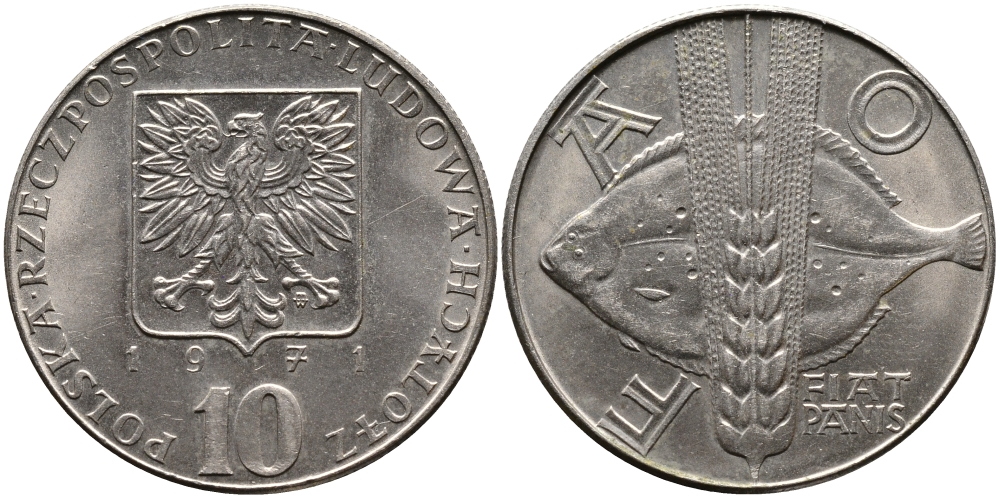 Польша 10 злотых 1971 FAO, продовольственная программа, рыбы KM 63 медно-никель UNC 441-745