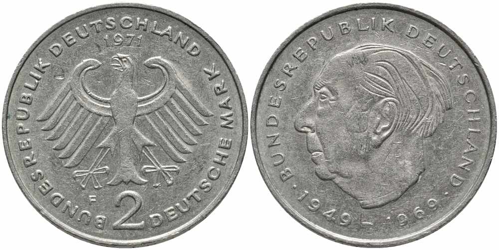 ФРГ 2 марки 1971 F, Теодор Хойс KM 127, J. 407 медно-никель плакированный никелем 113-143