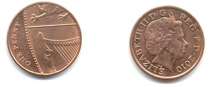 Великобритания 1 пенни 2010 Елизавета II (1952-2022) KM 1107, Spink B6 сталь плакированная медью 177-1213