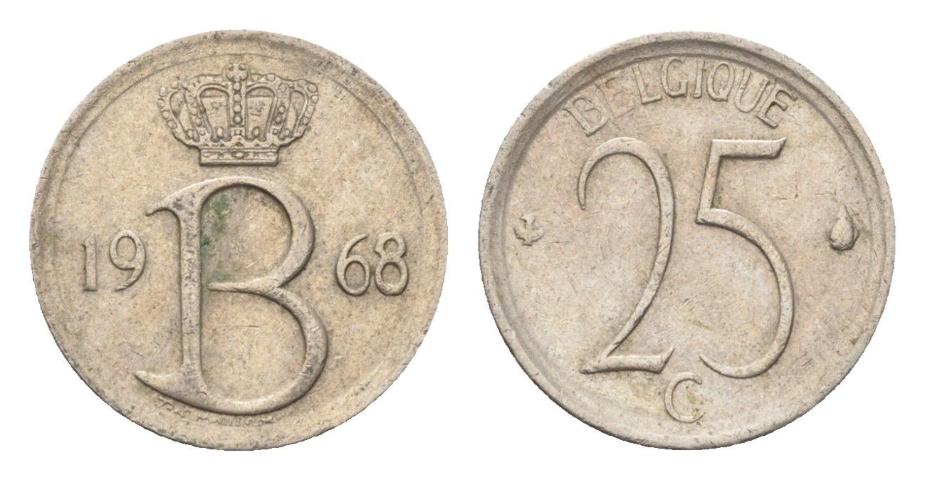Бельгия 25 сантимов 1968 Belgique, Бодуэн I (1951-1993) KM 153 медно-никель 4705-331