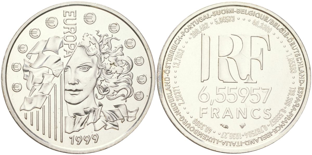 Франция 1 евро = 6,55957 франков 1999 страны Евросоюза, введение евро, курс франка к евро KM 1254 серебро UNC 4162-622