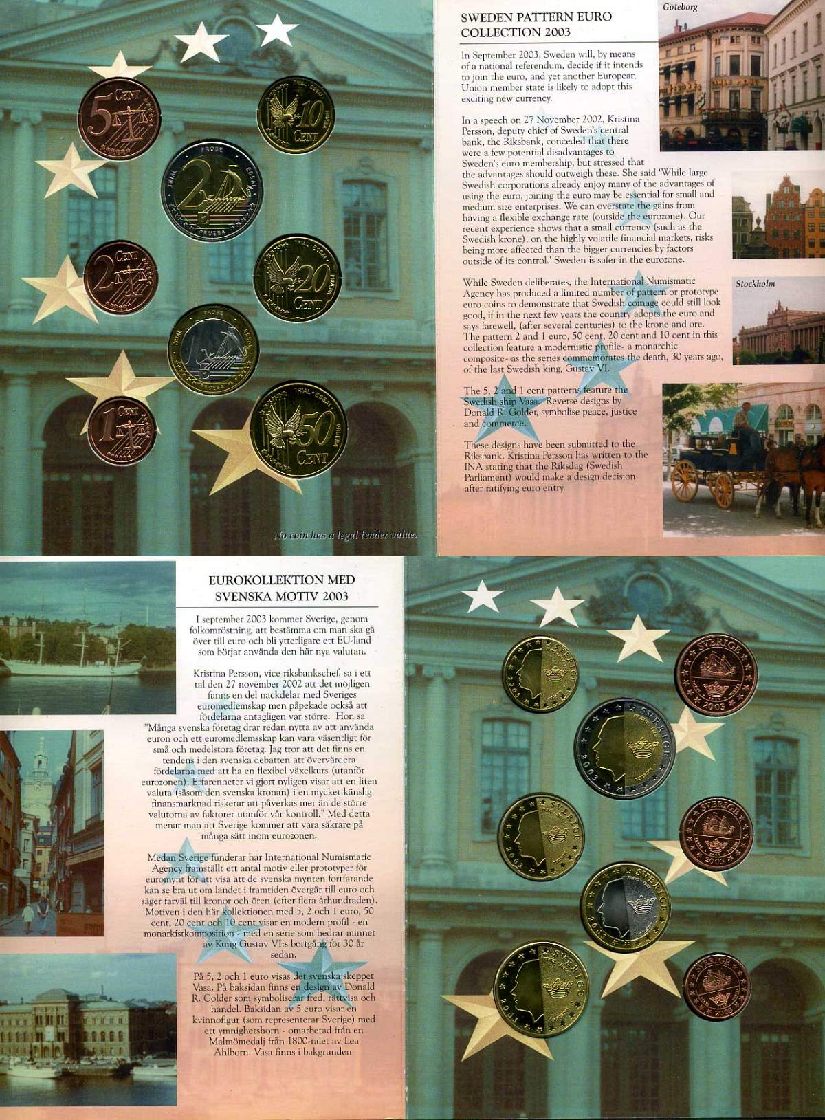 Швеция набор из 8 европробников 2003 в оригинальном буклете UNC 1-6-4-70