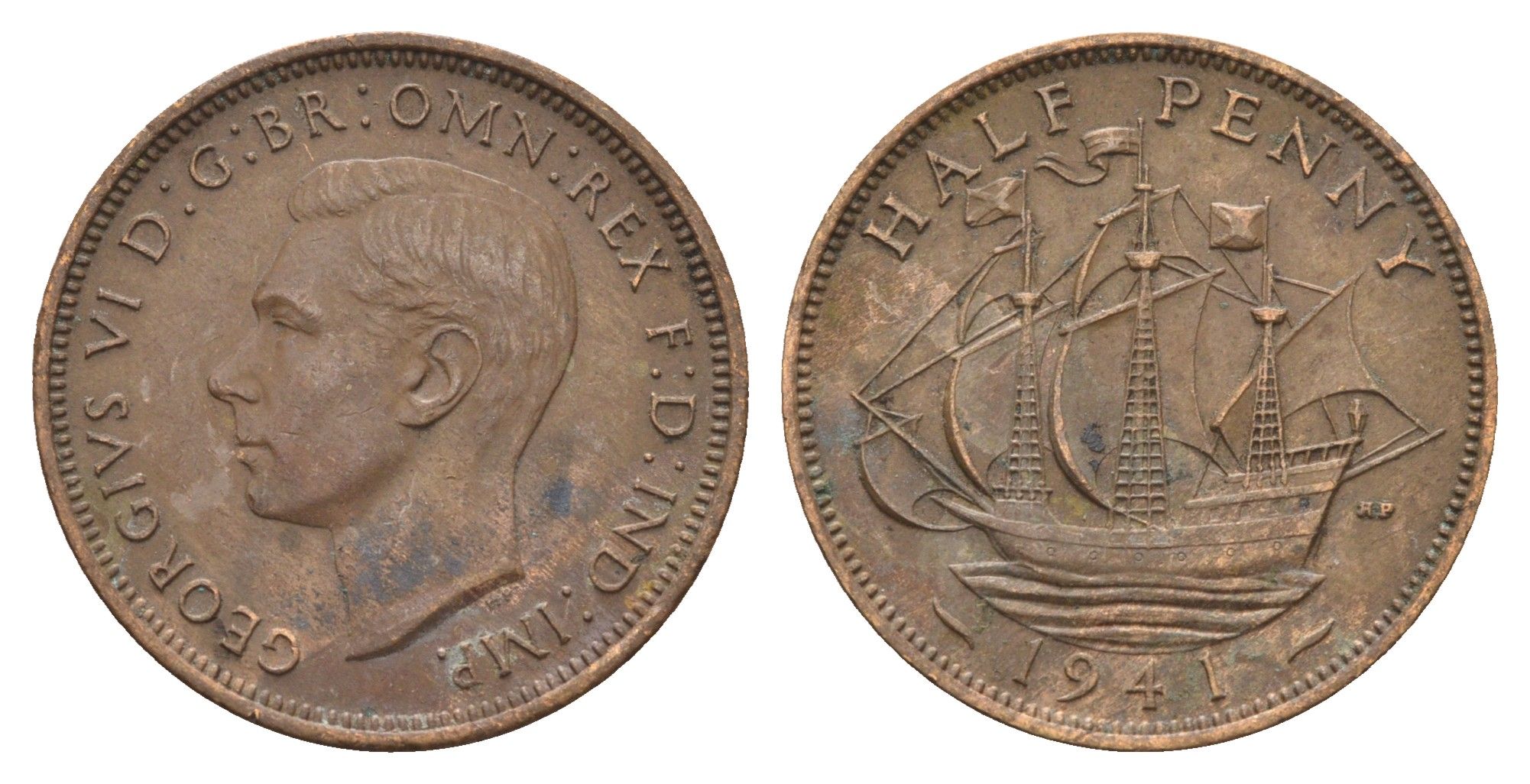 Великобритания 1/2 пенни 1941 Георг VI (1936-1952) KM 844, Spink 4115 бронза 4699-423
