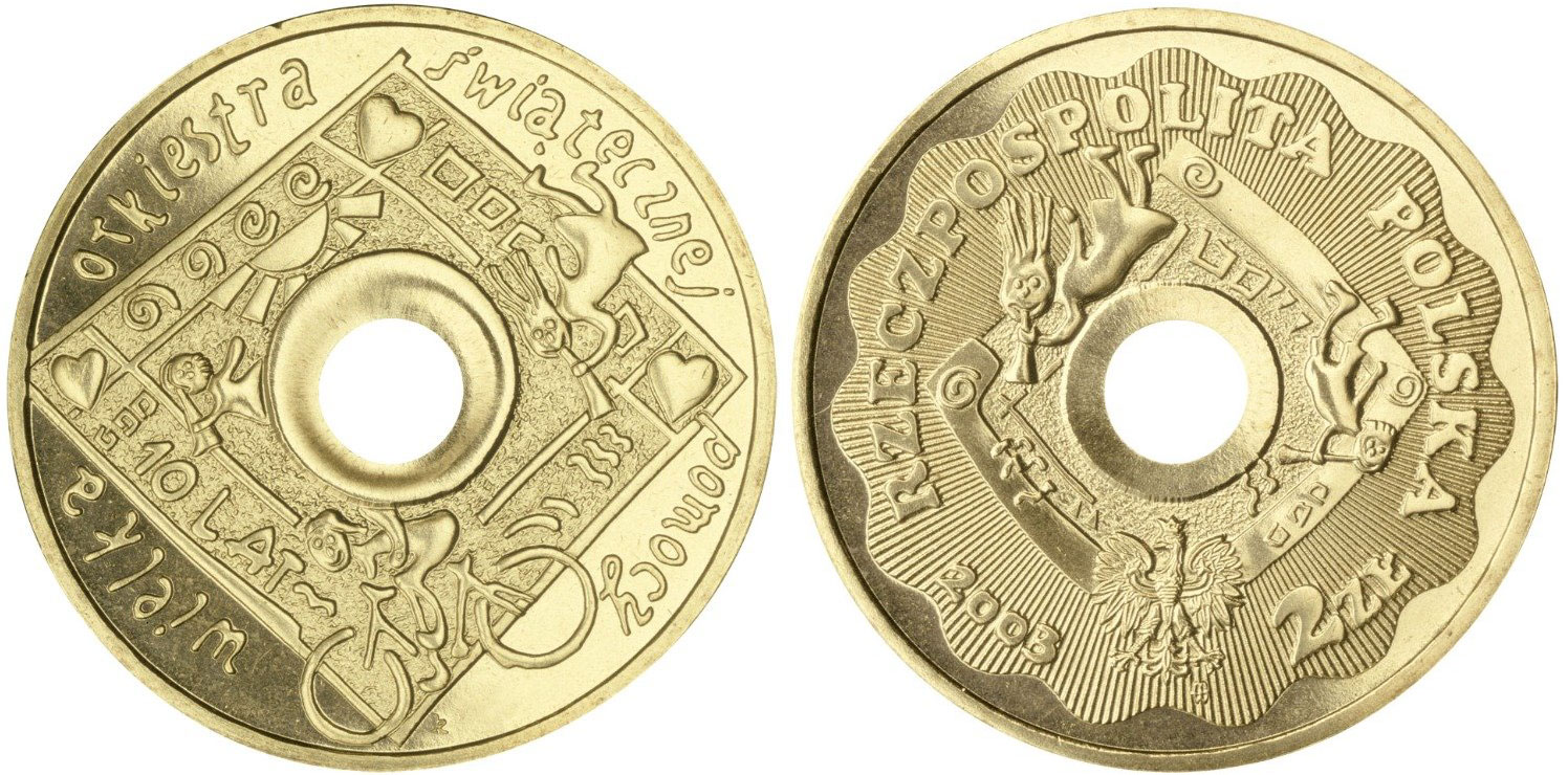 Польша 2 злотых 2003 MW, 10 лет великому оркестру рождественской помощи KM 446 нордик UNC 4531-612