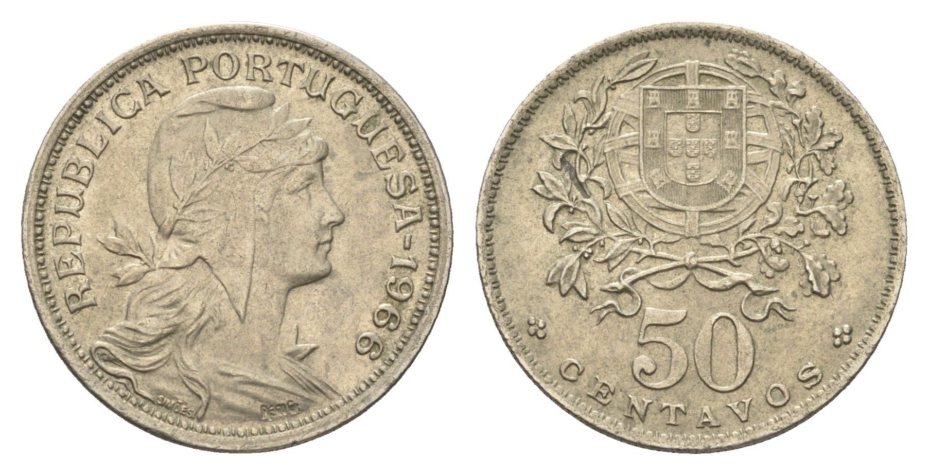 Португалия 50 сентаво 1966 голова Свободы вправо KM 577 никель латунь UNC 4659-647