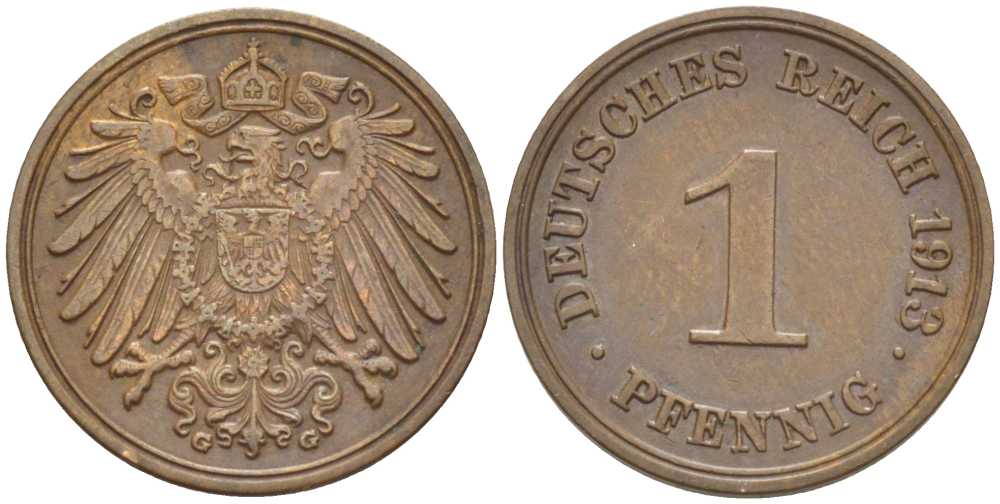 ГЕРМАНИЯ 1 ПФЕННИГ 1913 G KM 10, J. 10, Weege 2 медь 211-464