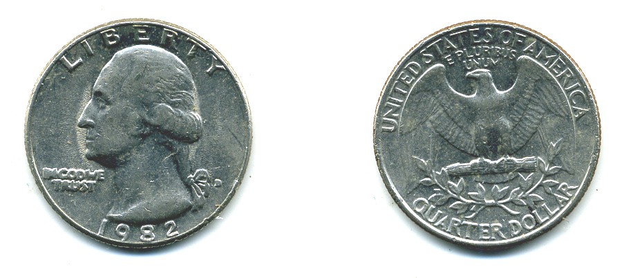 США 25 центов = квотер 1982 D, Вашингтон KM А164а медь плакированная медно-никелем 36-315