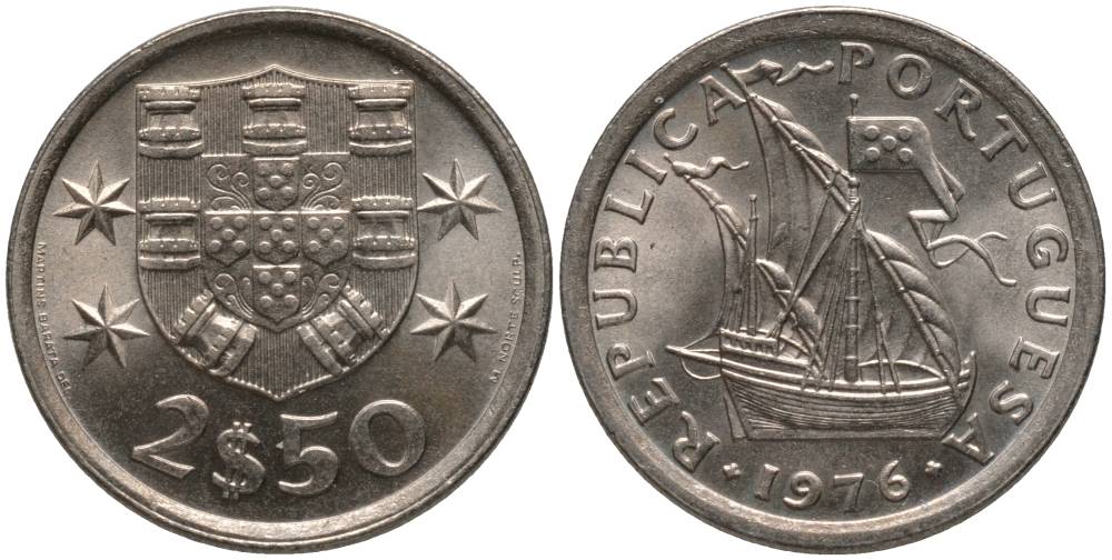 ПОРТУГАЛИЯ 2,5 ЭСКУДО 1976 ПАРУСНИК KM 590 медно-никель UNC 181-335