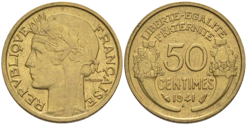 ФРАНЦИЯ 50 САНТИМОВ 1941 ТИП MORLON KM 894.1, LE FRANC 192.18 алюминиевая бронза 44-659