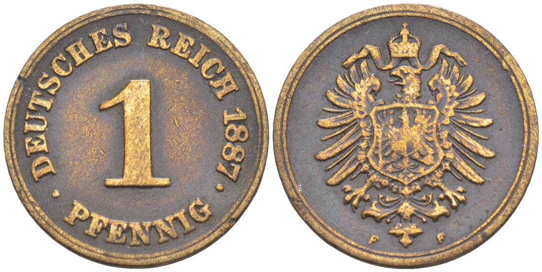 ГЕРМАНИЯ 1 ПФЕННИГ 1887 F, СТАРОГЕРБОВКА KM 1, Jager. 1, Weege 1 медь 4528-1066