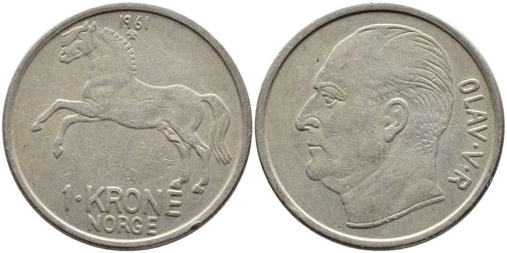НОРВЕГИЯ 1 КРОНА 1961 ЛОШАДЬ KM 409 медно-никель 4391-1117