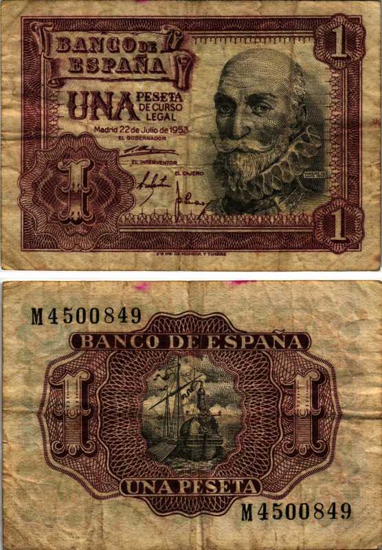 Испания 1 песета 1953 22 июля 1953, Мигель де Санта Круз Pick 144а бумага 8605-42-1-1