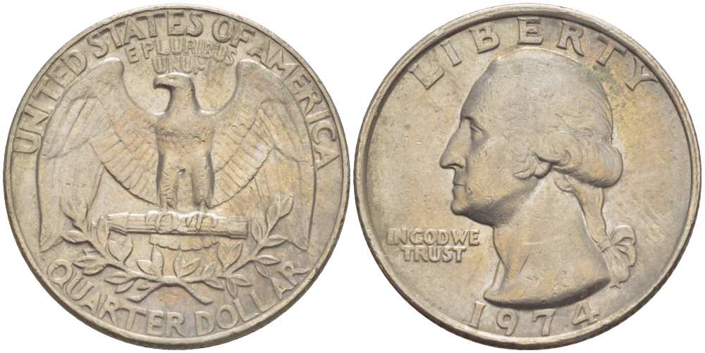 США 25 центов (квотер) 1974 Вашингтон KM 164a медь плакированная медно-никелем 217-111