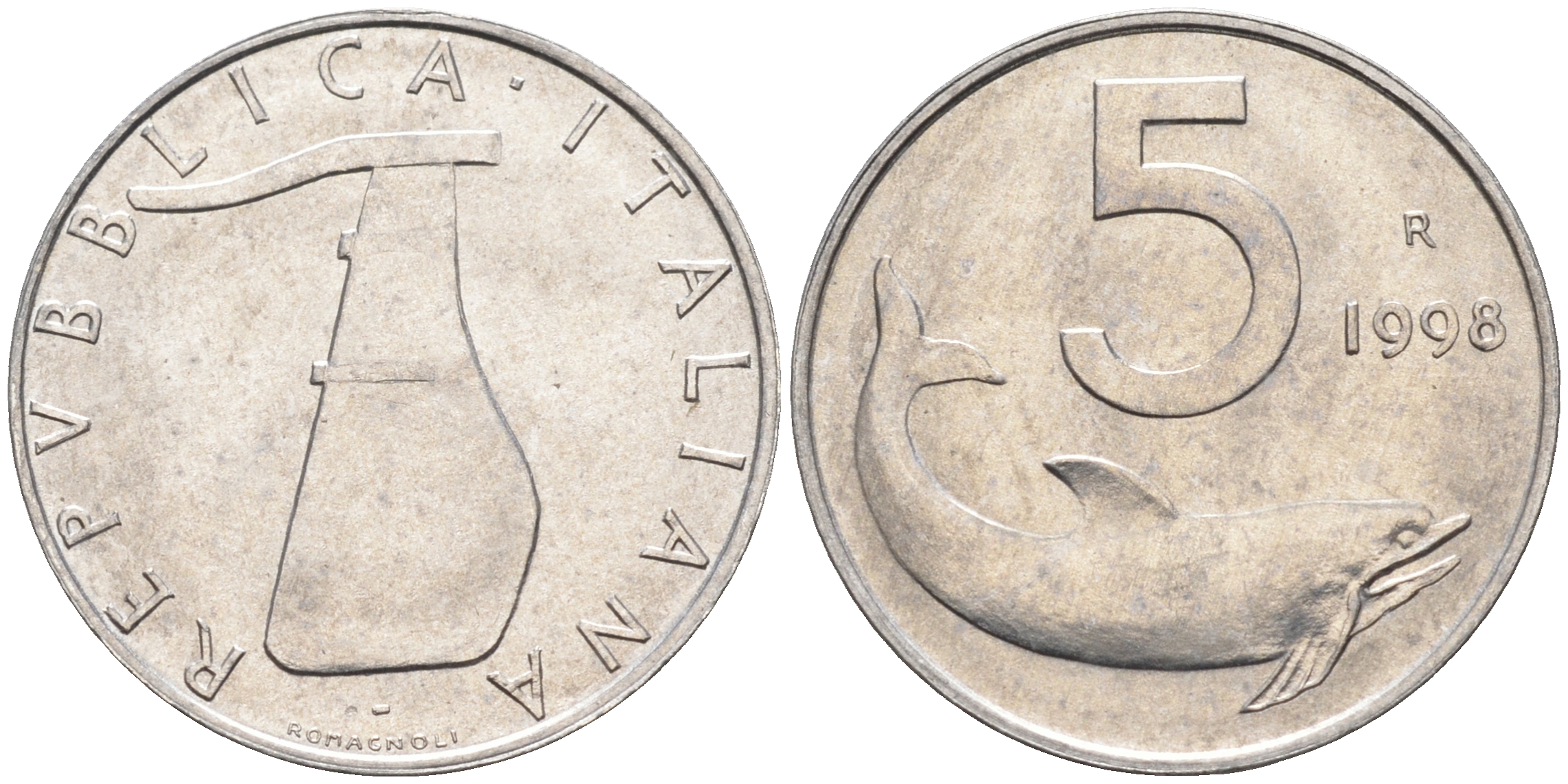 Италия 5 лир 1998 R, дельфин KM 92 алюминий  UNC  4594-926