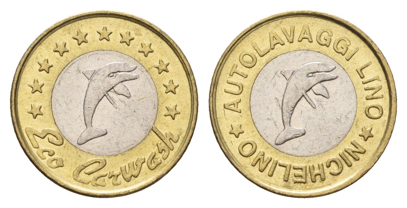 Италия жетон для мойки машин дельфин, диаметр 21 мм, вес 5,2 гр биметалл 4669-264