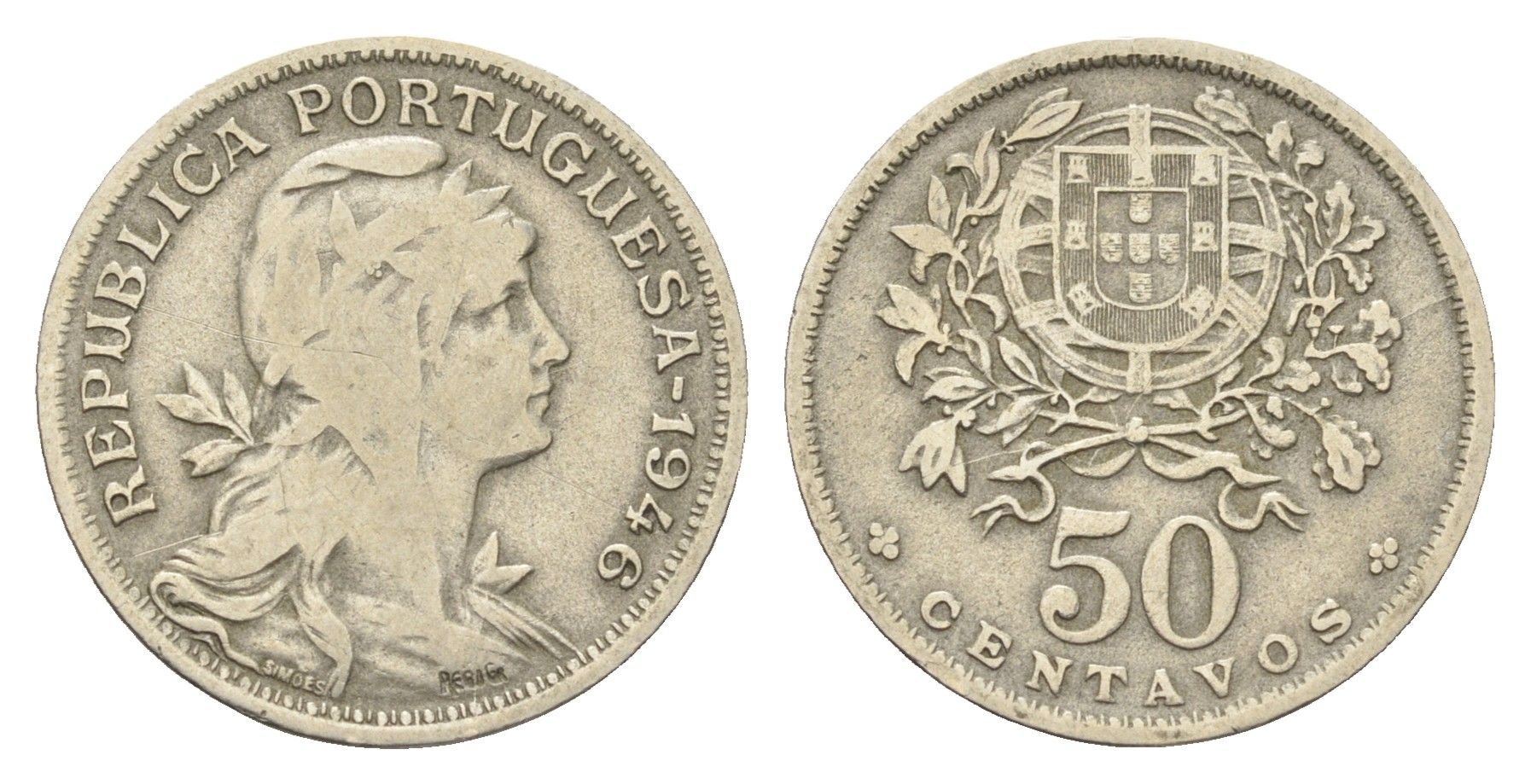 Португалия 50 сентаво 1946 голова Свободы вправо KM 577 никель латунь 4659-633