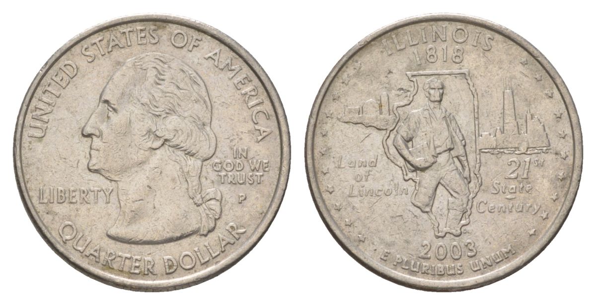 США 25 центов (квотер, 1/4 доллара) 2003 P, Квотер штата Иллинойс KM 343 медь плакированный медно-никелем UNC 4628-1234