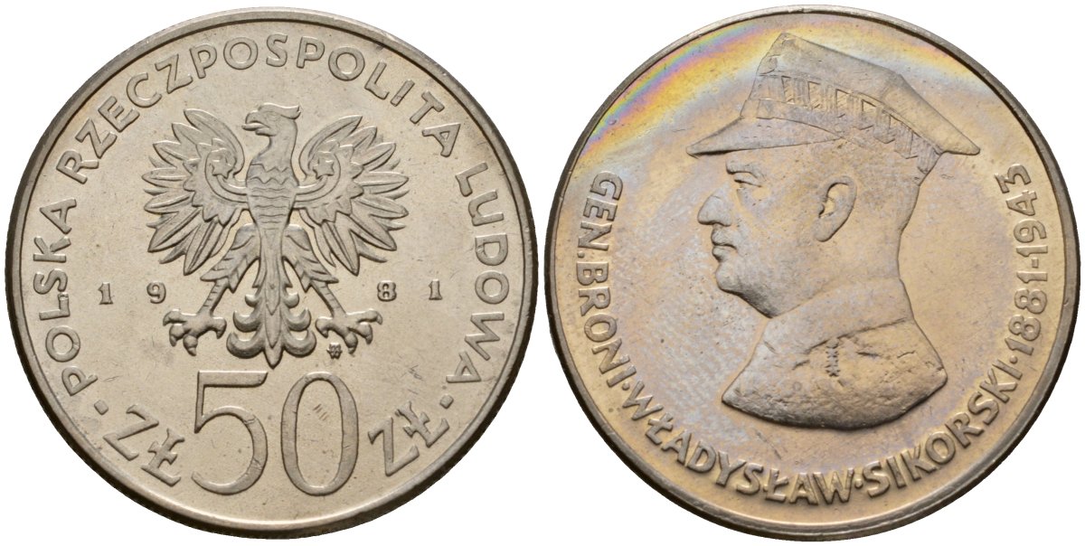 Польша 50 злотых 1981 MW, Военачальники Второй мировой войны - Владислав Сикорский Y 122 медно-никель UNC 111-131