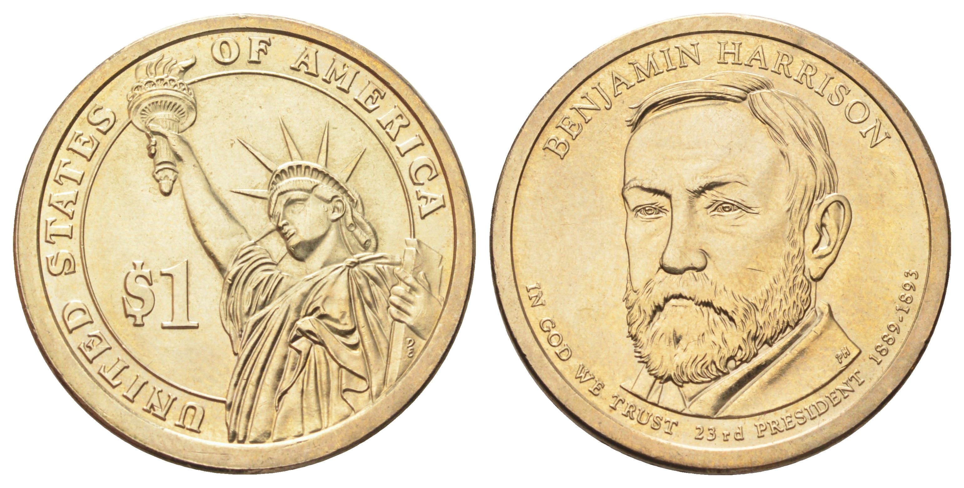 США 1 доллар 2012 P, Президент США - Бенджамин Гаррисон (1889–1893) KM 526 медь с марганцево-латунным покрытием UNC 4695-922