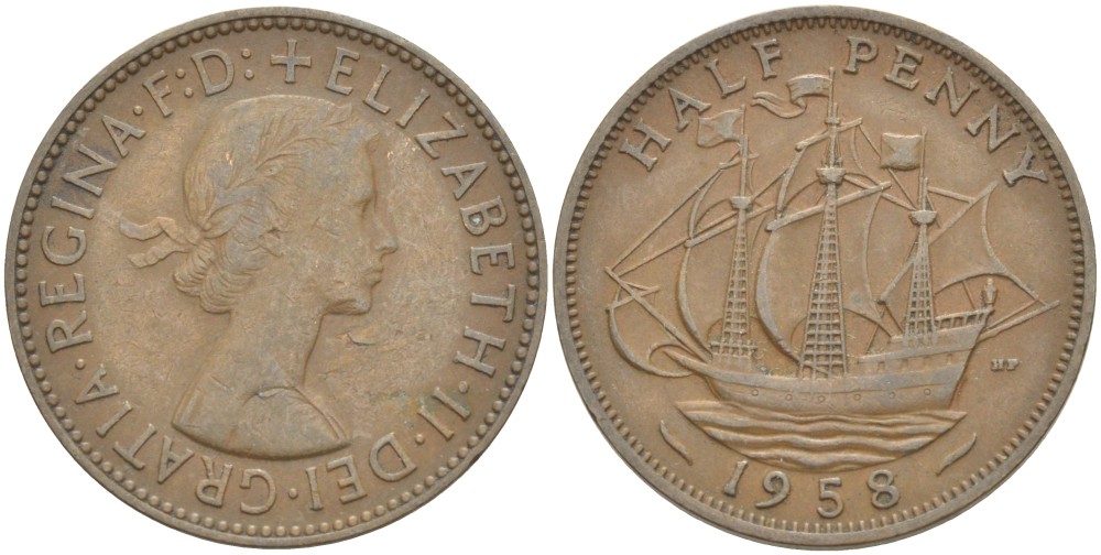 Великобритания 1/2 пенни 1958 Елизавета II (1952-2022) KM 896, Spink 4158 бронза 4544-114
