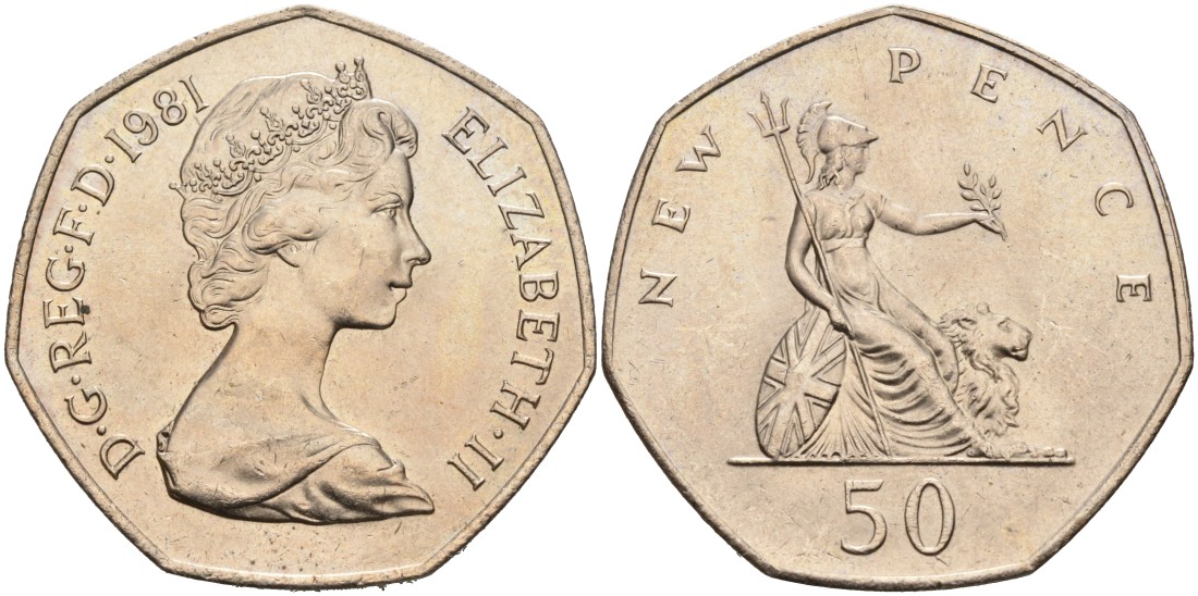 Великобритания 50 пенсов 1981 Елизавета II (1952-2022) KM 913, Spink 4223 (H1) медно-никель aUNC 88-543